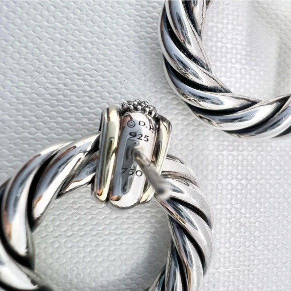 David Yurman Sterling Silver 18k Diamond Cable Door Knocker Earrings - Picture 4 of 12